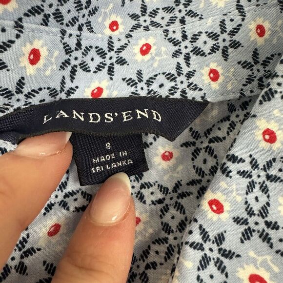 Lands End Girls Sz 8 Blue Floral Button Up Shirt S/S Flower Pearl Buttons Cotton - Picture 6 of 8